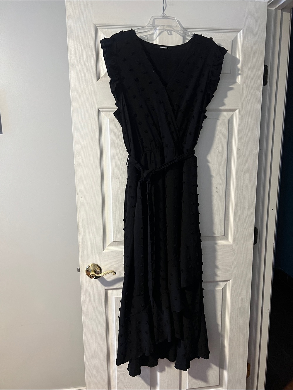 Black Wrap High-Low Dress with Textured Dot Detail
